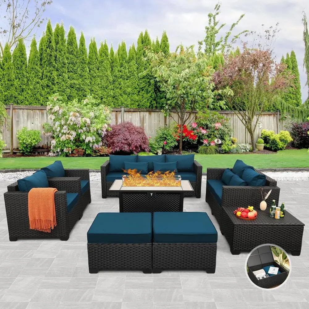 

45-Inch Outdoor Propane Fire Pit with 8-Piece Patio Furniture Set, Peacock Blue Cushions and Waterproof Covers
