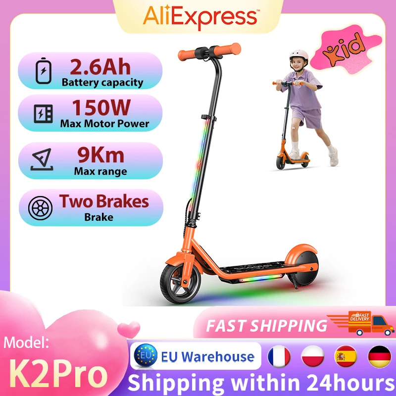 Trottinette électrique pour enfants K2Pro, moteur 150W, pneus de 6 pouces, batterie 18V, vitesse maximale de 16 km/h, autonomie de 6 à 9 km, orange et noir, 3 vitesses avec LED