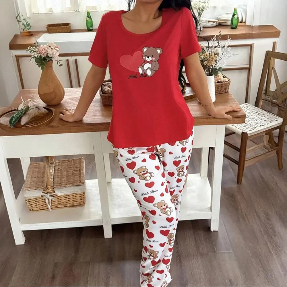 Women Fashion Print Pajama Set Short Sleeve Top Straight Long Pants Soft Loungewear Wearable Outside 2Pcs Homewear Sleepwear
