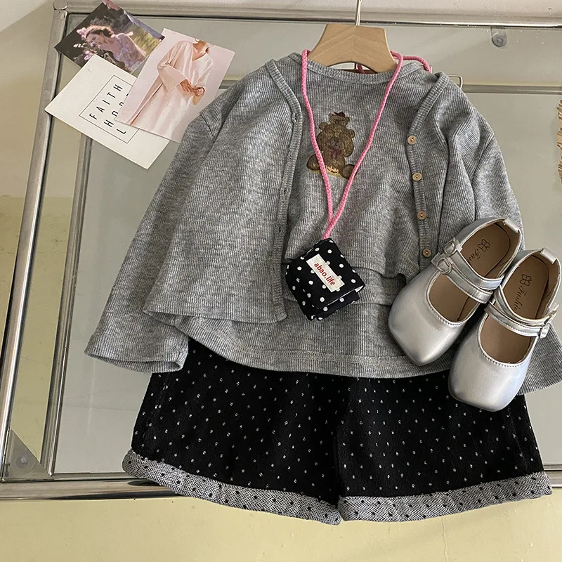 Korean Spring Autumn 2-10Y Girl 2PCS Clothes Set Sweet Bear Vest Carigan Suit Loose Dot Print Straight Pant Children Girl Outfit