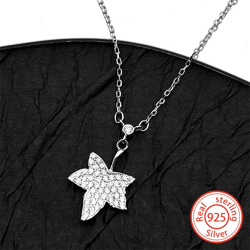 

925 Sterling Silver Maple Leaf Chain Women Girls Full Shine Crystal Simple Trendy Clavicle Chain Birthday Party Gift Jewelry
