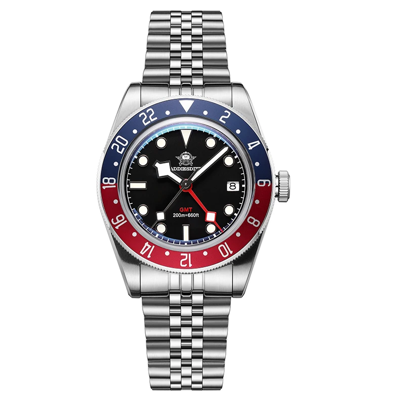Addiesdive Luxe GMT515-24H Herenhorloge Diver 200M Bubble Spiegelglas BGW9 Super Lichtgevend Roestvrij Staal Heren Analoge Horloges