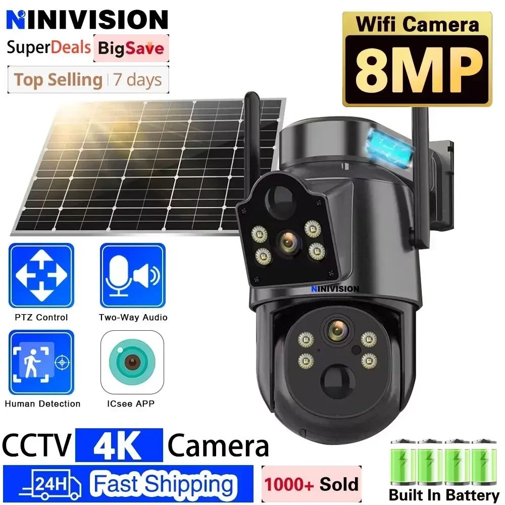 

8MP 4K WIFI Solar Battery Camera Dual Screens Outdoor Wireless PTZ Cam Security Protection CCTV Video Surveillance ICsee Solar