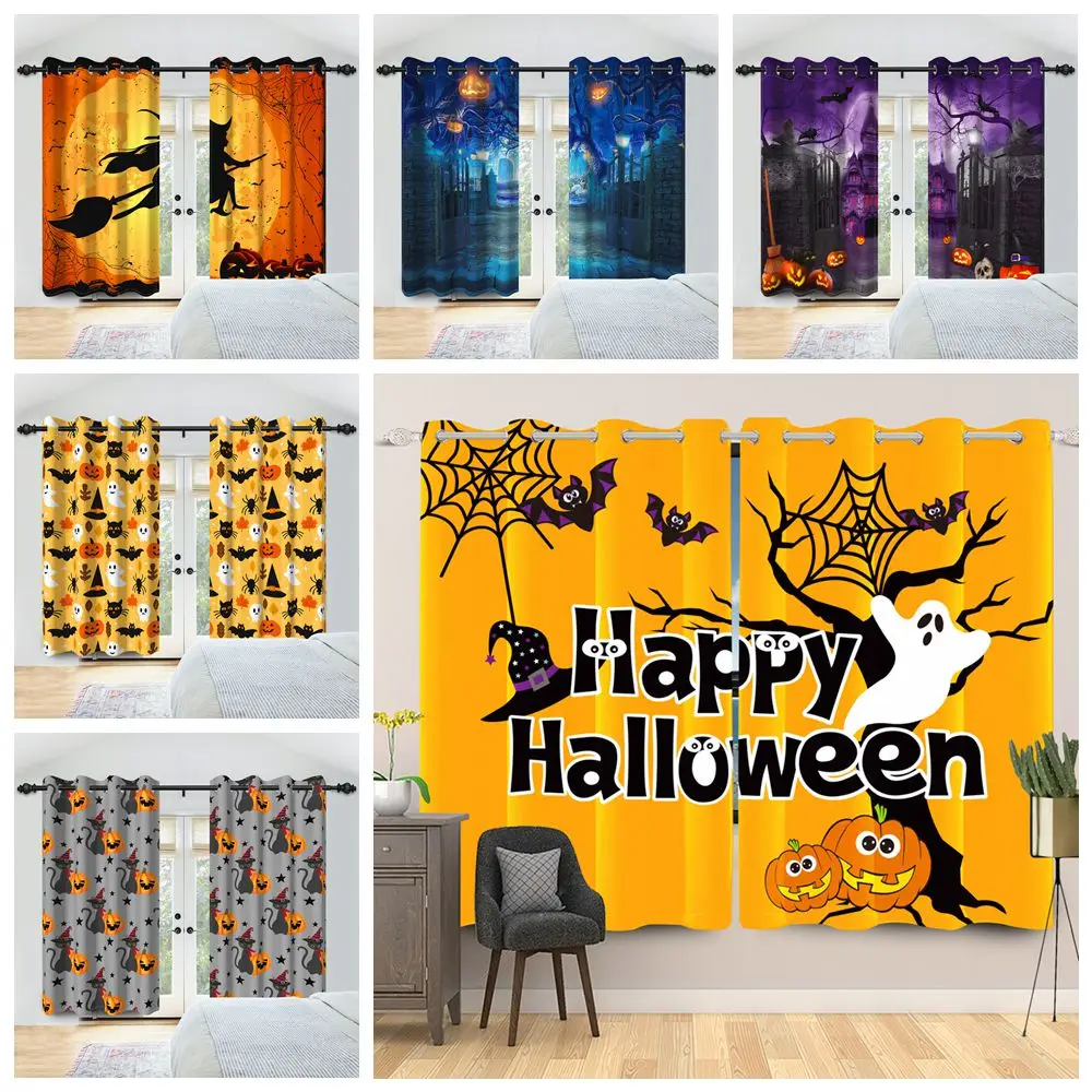 

2pcs Halloween Blackout Curtains Bedroom Living Room Darkening Heat Insulation Noise Reduction Halloween Curtain Window Drapes