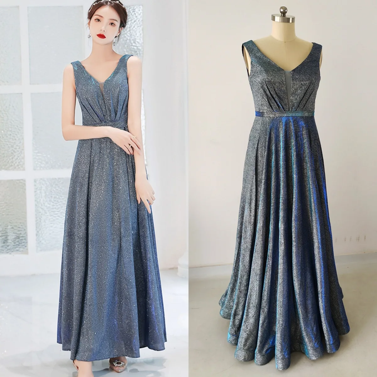 

Evening Dress Blue Shiny Deep V-Neck Sleeveless Zipper Back Pleat A-Line Floor-Length Plus size Party Formal Gown Woman B543