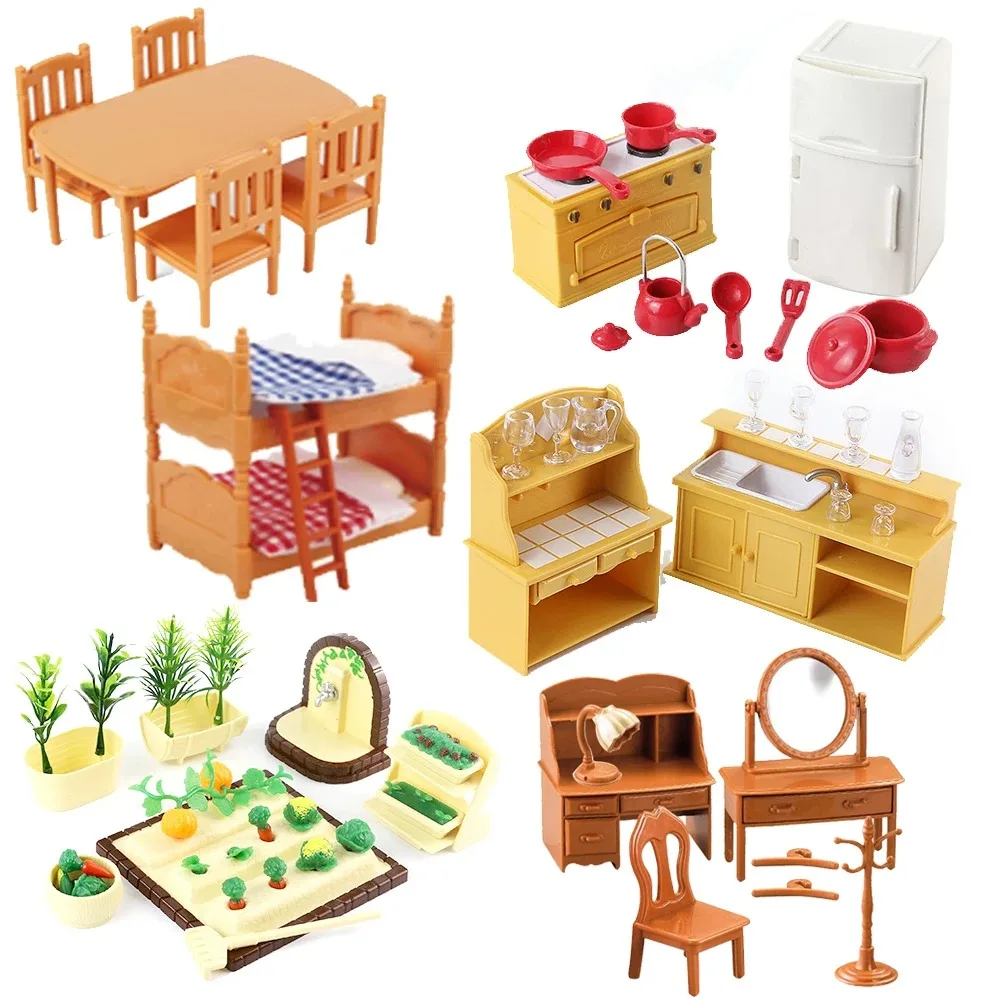 Muebles para casa de muñecas de la familia de animales del bosque, juguetes en miniatura 1/12, accesorios para muñecas, kit de casa de muñecas para dormitorio y baño