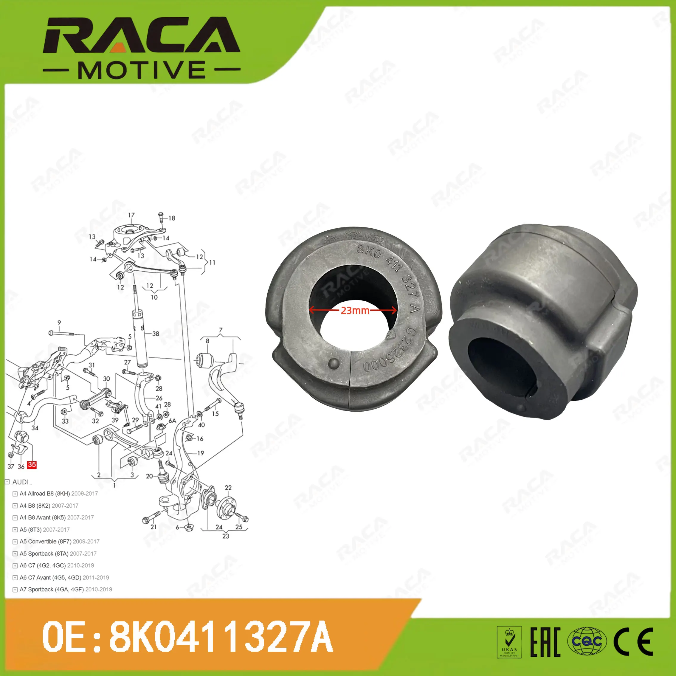 

Front Axle Anti-Roll Stabilizer Rubber Bushing Suitable for Audi A4 B8 (8Kh/8K2/8K5) A5 (8T3/8F7/8Ta) A6 C7 (4G2/4Gc/4G5/4Gd) A7 (4Ga/4Gf) 8K0411327A