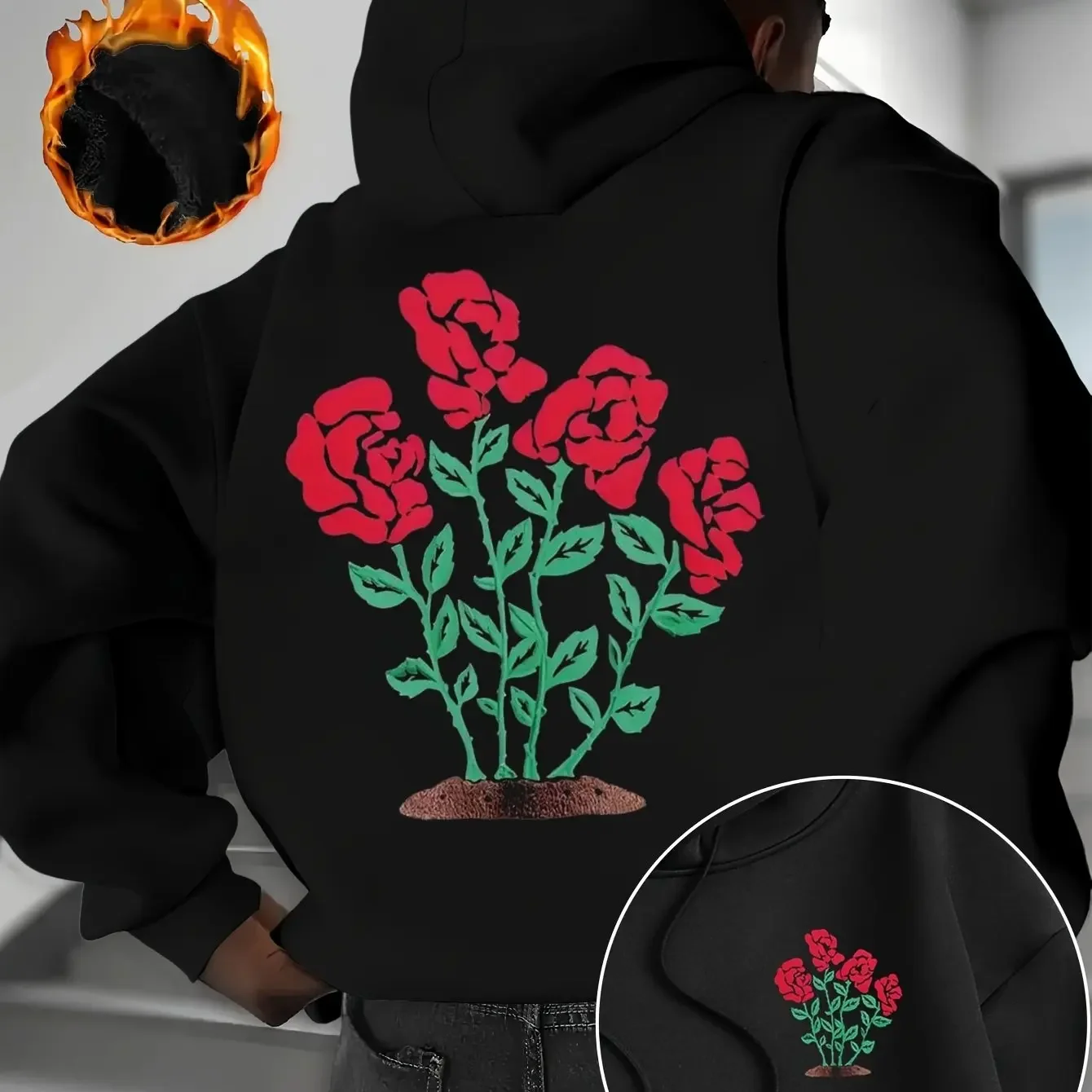 Men Double‑Sided Vintage Red Rose Bush Graphic Back & Chest Print Fleece Lined Pullover Hoodie Loose Unisex Streetwear Tops