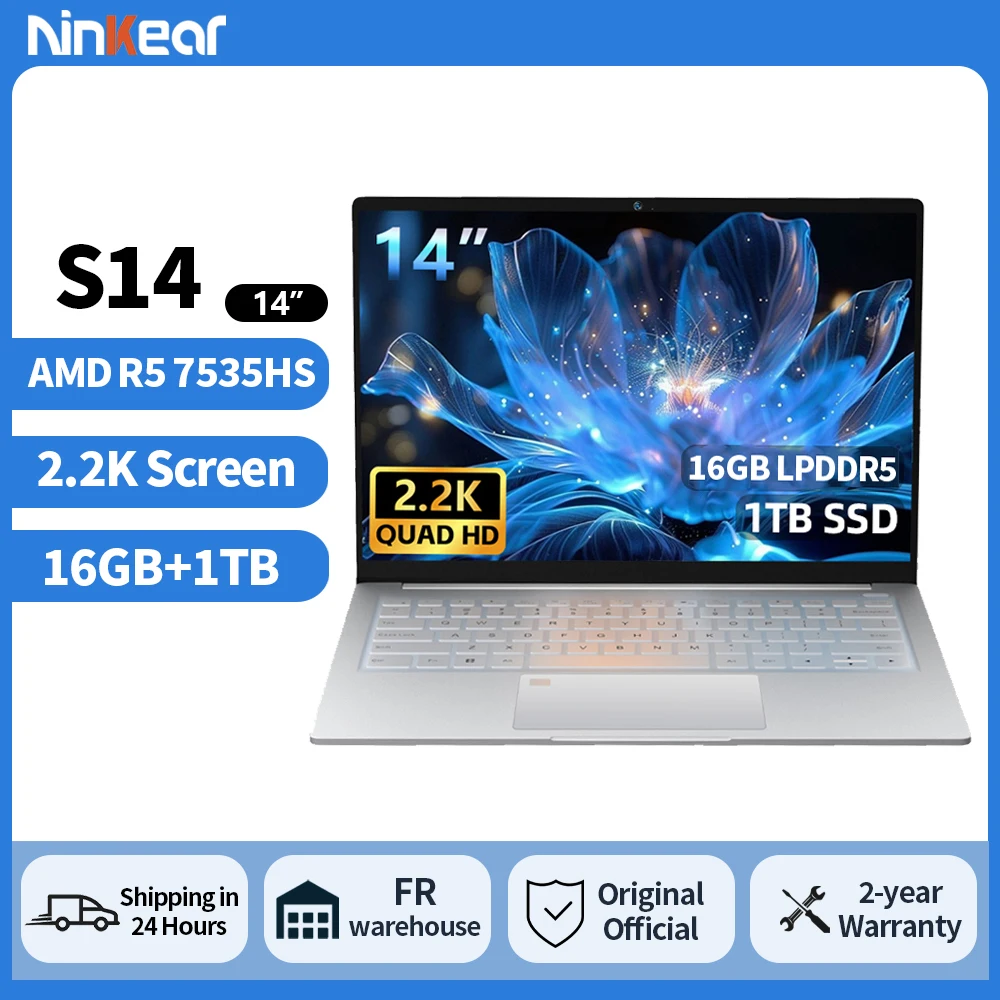 Ninkear S14 Laptop 14" 2.2K IPS AMD Ryzen 5 7535HS 16GB LPDDR5X 1TB SSD WiFi 6 BT5.3 1kg Ultra Licht PD65W Snelladen Vingerafdruk Type-C Windows 11 Notebook