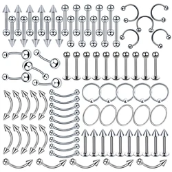 85PCS Surgical Steel Body Piercing Jewelry Lot Bulk Nose Ring Tongue Bar Lot Eyebrow Labret Piercing Set Horseshoe Ring Lot Pack