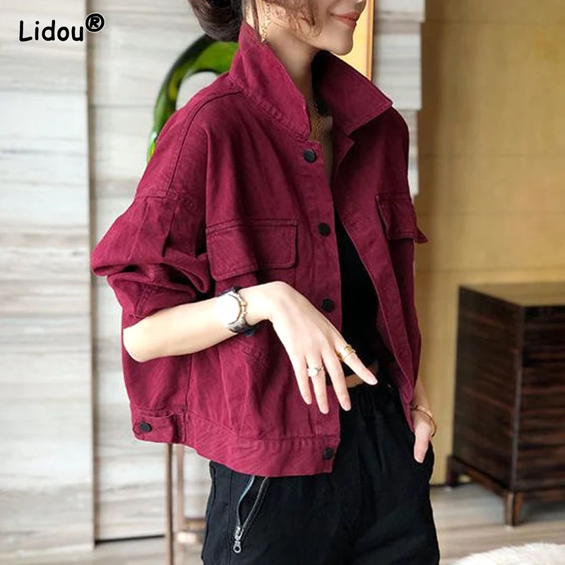 2023 New Spring and Autumn European Women\'s Fashion Fashionable Polo Collar Solid Color Casual Loose Short Denim Coat for Women