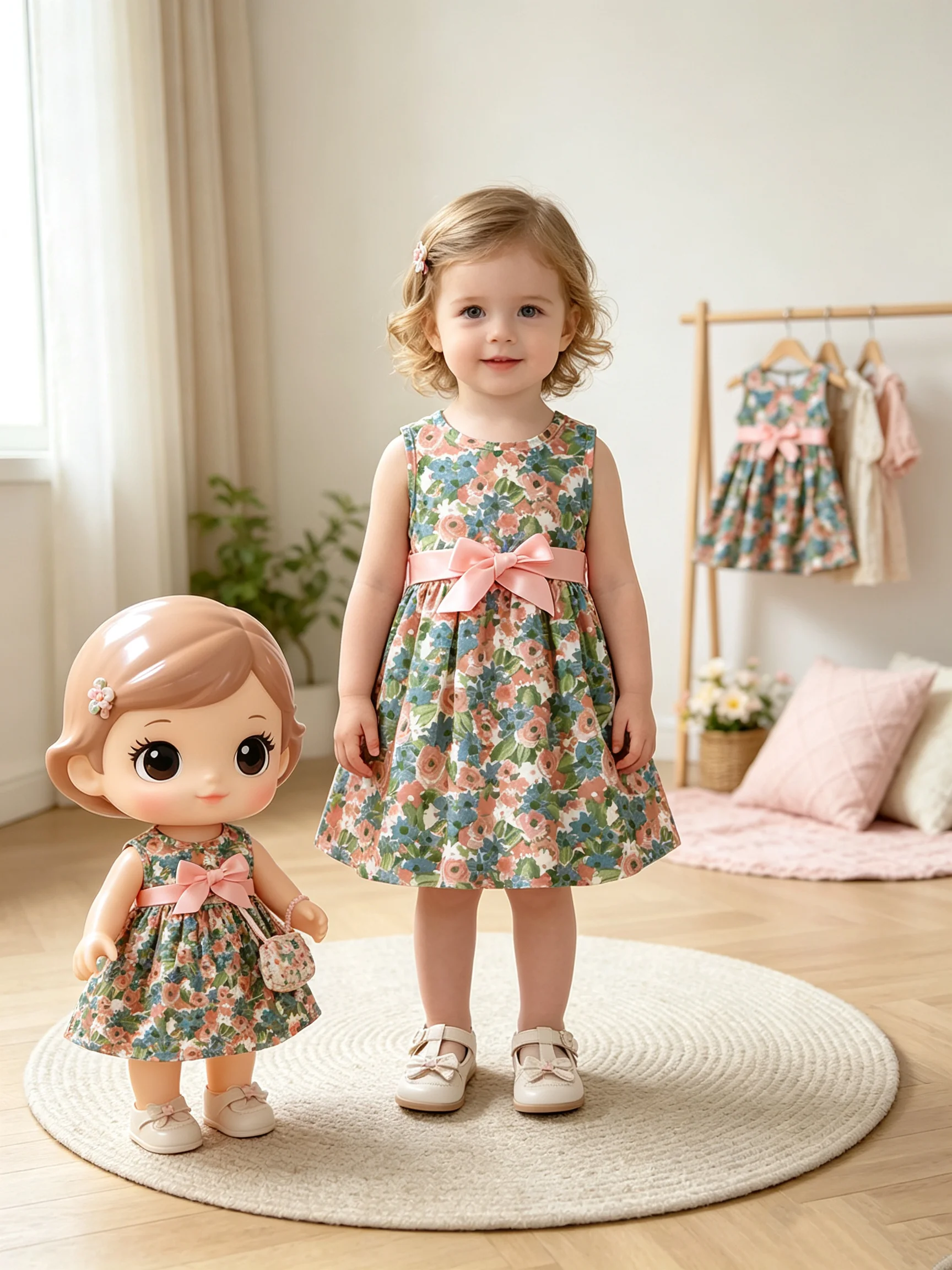 Children's Sleeveless round Neck Dress with Flower Leaf Print Cinched Waist Tie-Up Design Mid-Length Skirt Casual Dress