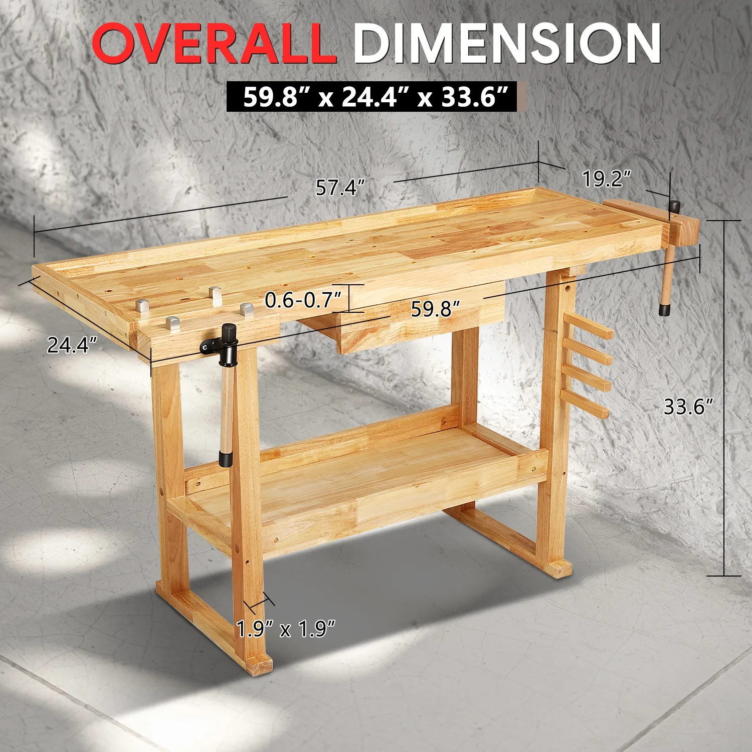 Banco da Lavoro in Rovere Resistente 60" x 25" con Cassetti e 2 Maniglie Regolabili