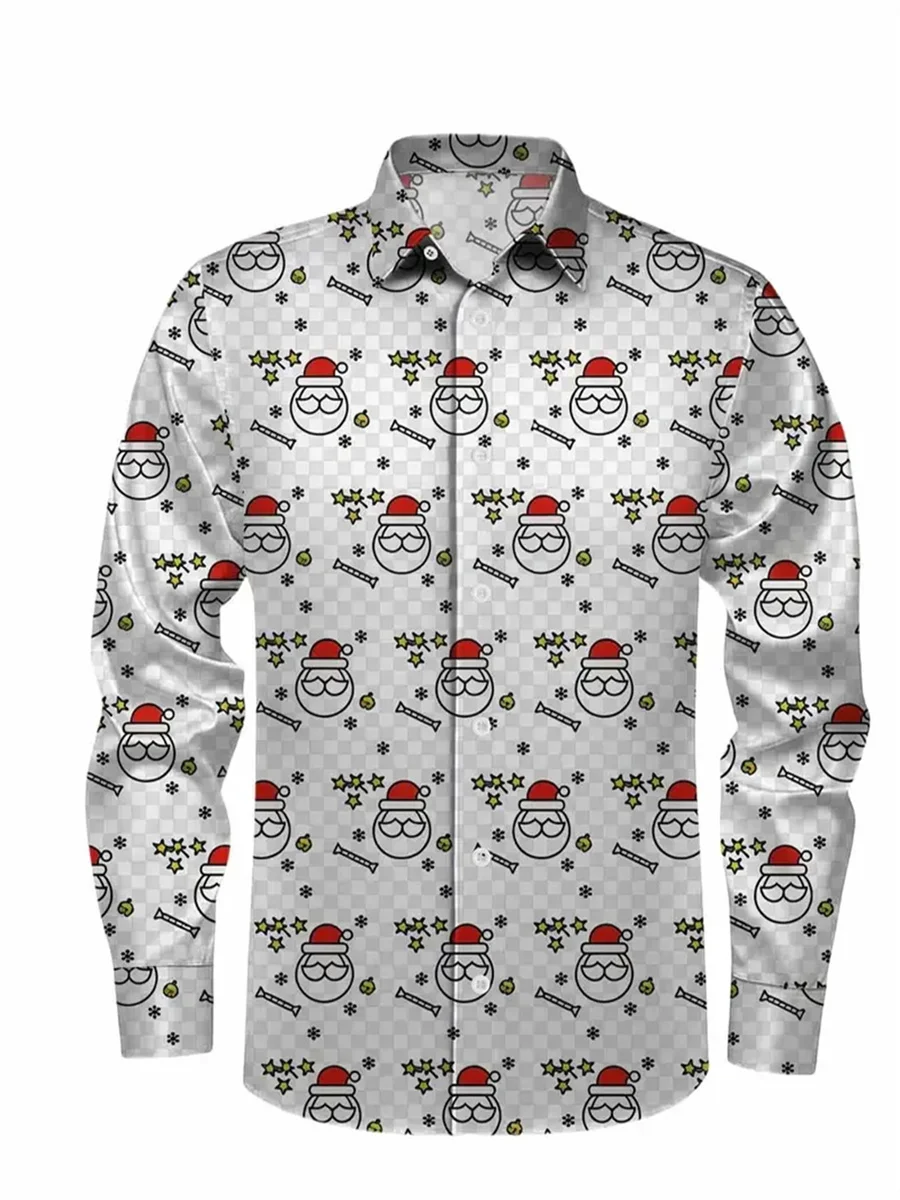 Grote maten herenshirt met lange mouwen Cartoon kerstsneeuwman en boomprint Vakantie Casual familiefeestkleding