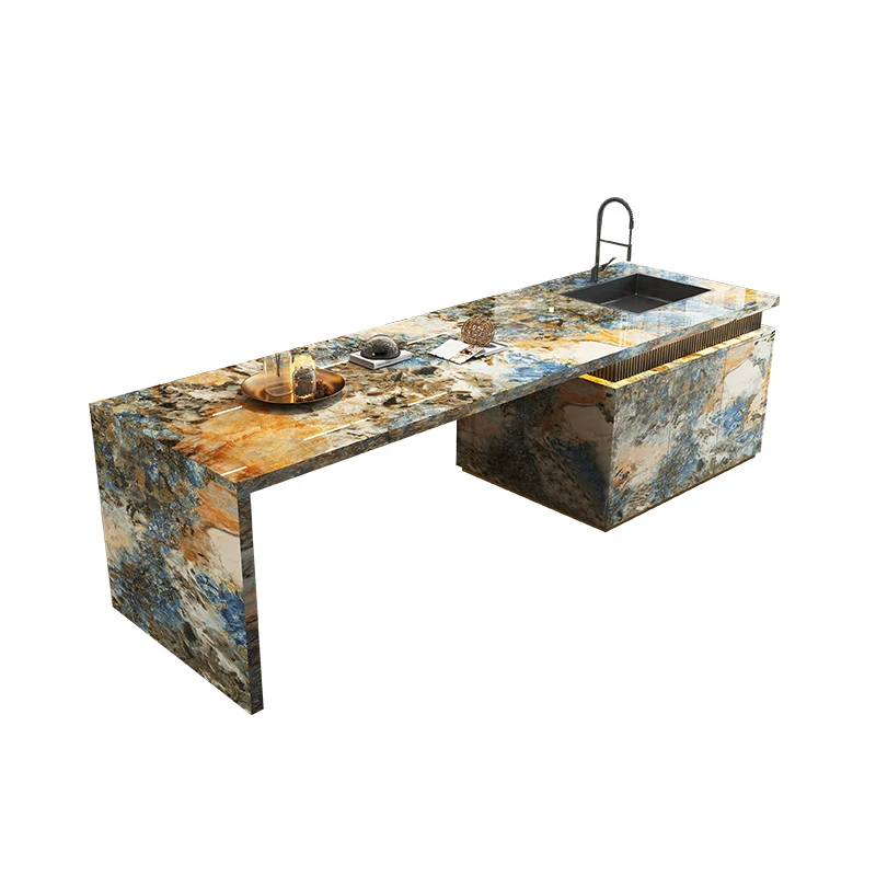 Luxury Kitchen Island Table with Quartz Countertop & Integrated Sink, Heat-Resistant High  &Load-Bearing Bar