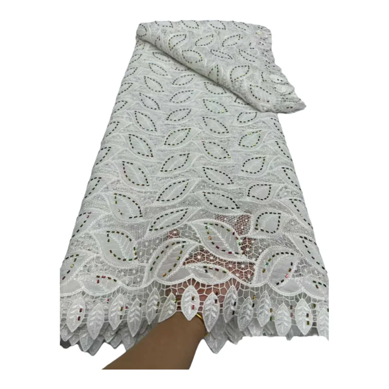 

Африканское кружевное полотно 5 ярдов, высококачественное, 2026, белое, гипюровое, ажурное, шифоновое, французская сетка с пайетками для шитья KB5440