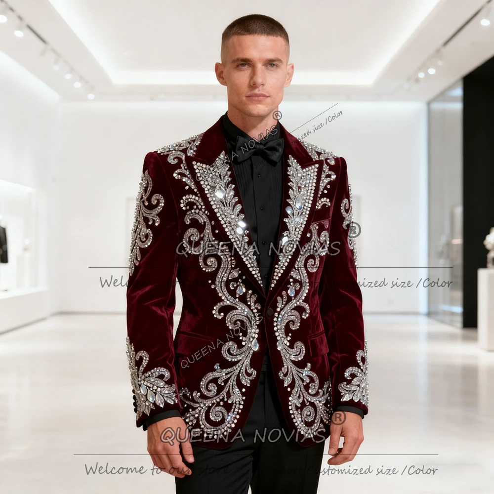 Unique Design Beaded Crystals Men Suits Wedding Groom Tuxedos 2 Pieces Male Prom Blazers Party Costume Homme Customized Attire