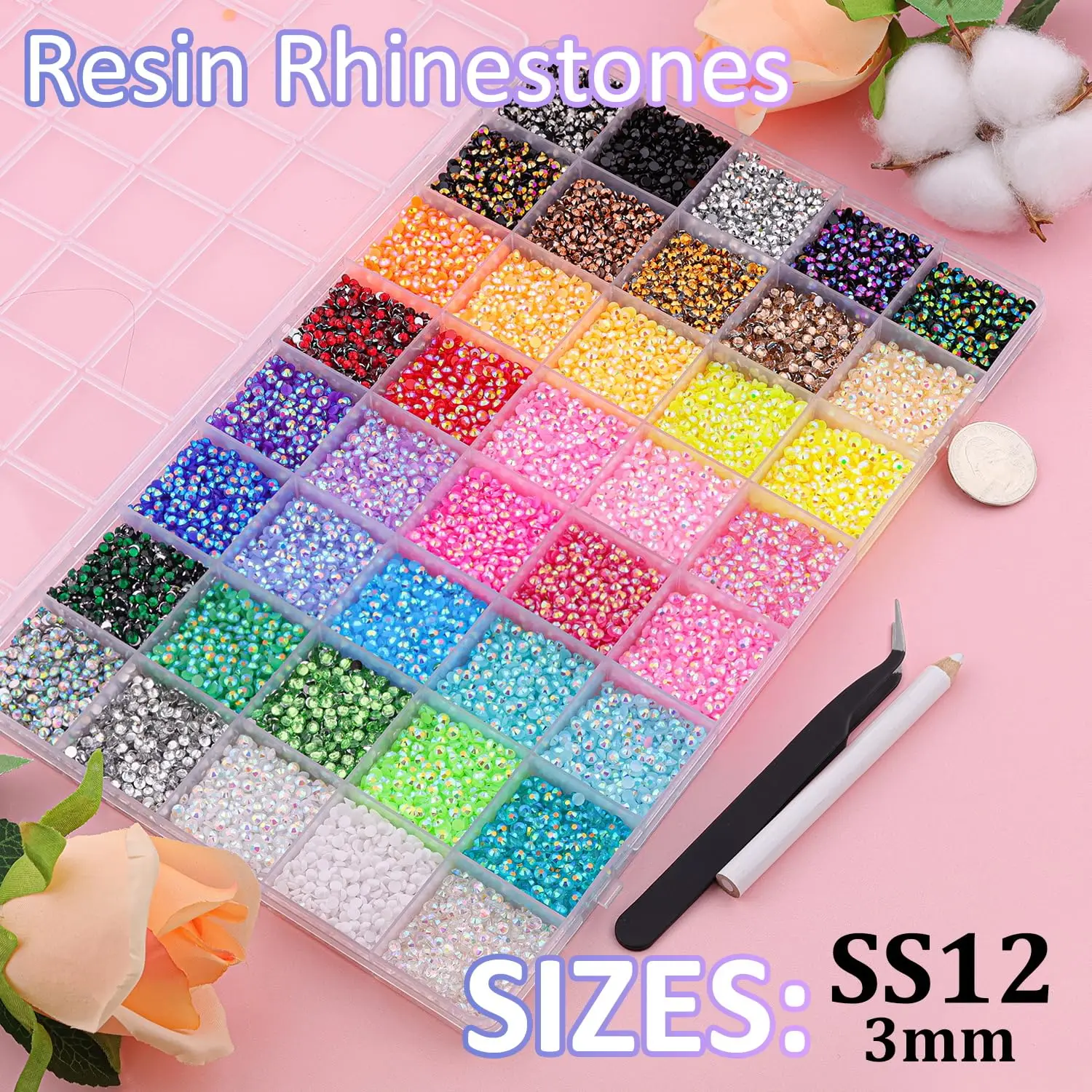 40 Grids 3mm Flatback Rhinestones, Multicolor Resin Beads with Tweezers & Wax Pencil for Diamond Art, Craft, Nail Artie