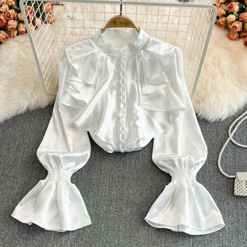 Vintage Satin White Shirts Women Elegant Ruffles Flare Long Sleeve Blouses Office Ladies Korean Black Casual All Match Tops New