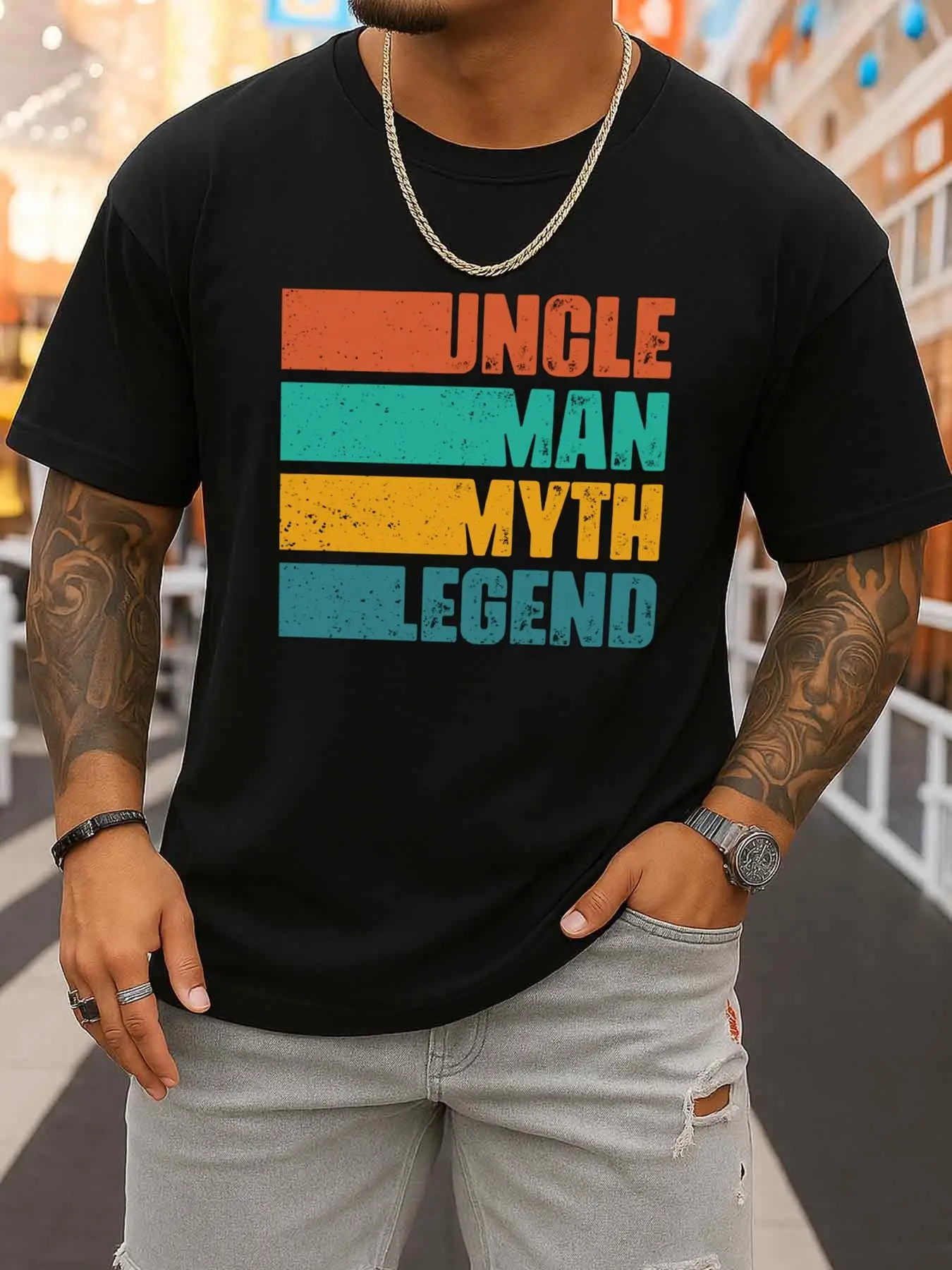 Men's Legendary Figure Crew Neck T-Shirt Black 2026 Spring/Summer New Style Spring/Autumn Printed T-Shirt Fashion Trend Hip-Hop Street Style Comfortable Elastic Fabric