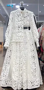 Herbst Häkeln Weiße Spitze Stickerei 3 Stück Sets Frauen Kleid Anzüge Aushöhlen Lose Hemd Top Elastische Taille Maxi Rock Anzug