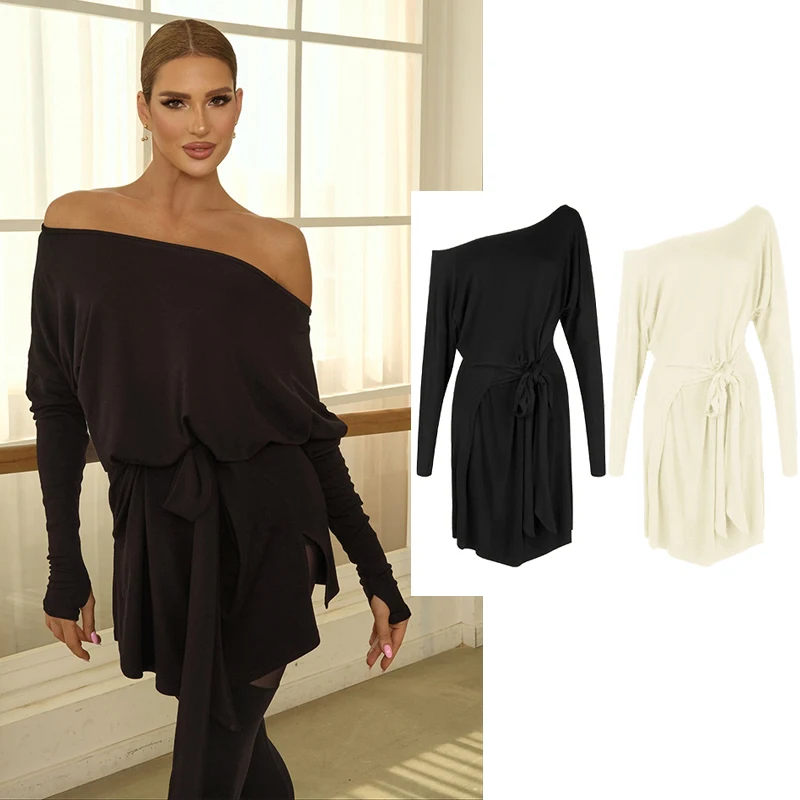 

ZYM Slant Shoulder Latin Dance Dress Women Long Sleeves Loose Practice Clothing Rumba Dance Clothes White Black Dress DNV21946