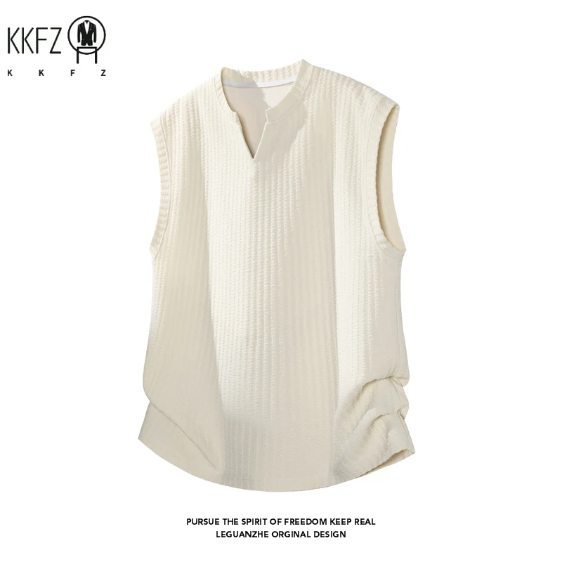 Mens Vertical Ribbed Knit Sleeveless Vest Notched Collar Oversized Cutting Suitable For Vacation Dating And Casual Scenes