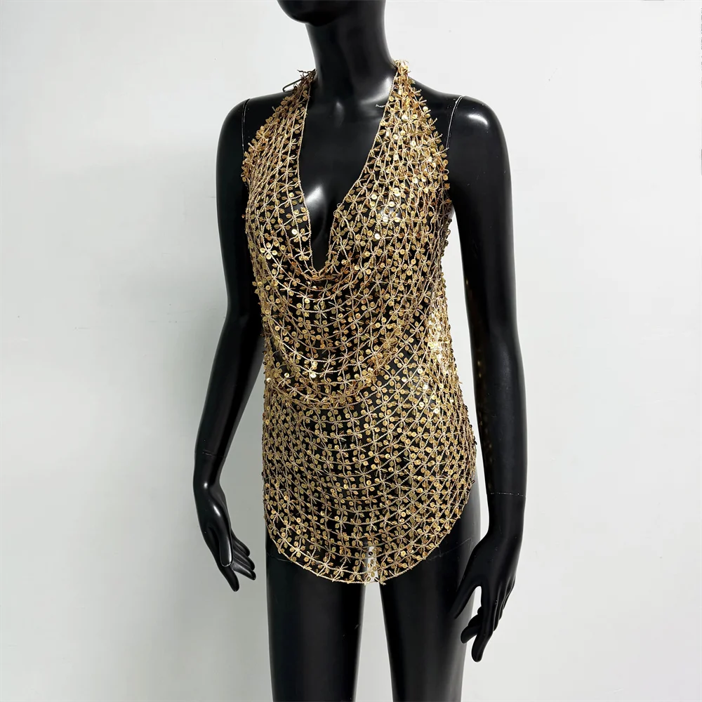 Damen Glänzendes Acryl-Pailletten-Top mit Ausschnitten, Sexy Tiefer V-Ausschnitt, Rückenfreies Neckholder-Oberteil, Durchsichtiges Strand-Party-Top – Detail 12