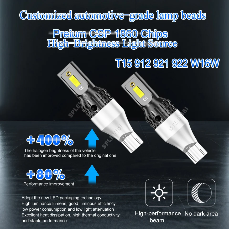 

Светодиодные лампы для резервного фонаря заднего хода, 400% яркости, 6000K W16W T15 912 921 Светодиодная лампа с прямым резервным освещением, сменная лампа