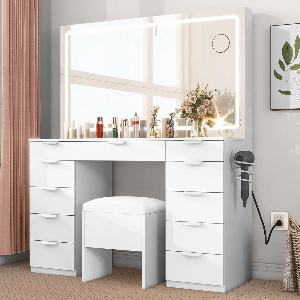 Vanity Desk Set with 3-Mode LED Mirror, Tempered Glass Top, 11 Drawers, Power Outlets, and Storage Stool for Bedroom