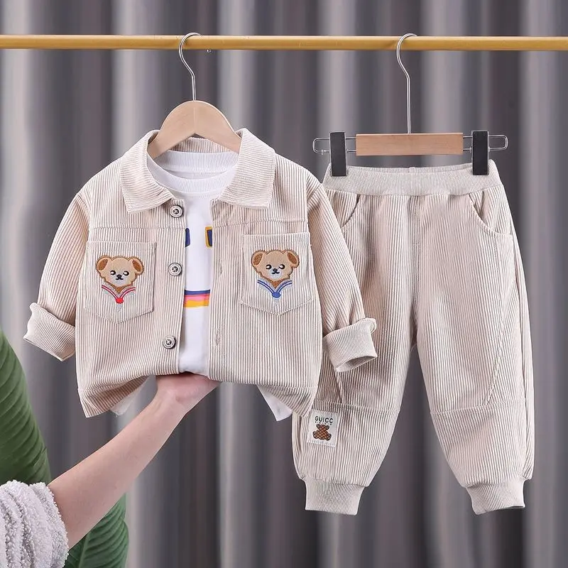 Spring Winter Cool Boys Girls Tracksuits Baby Kids Clothes Bear Single Breasted Jacket/Coat + Pants 2PCS Casual Children Costume