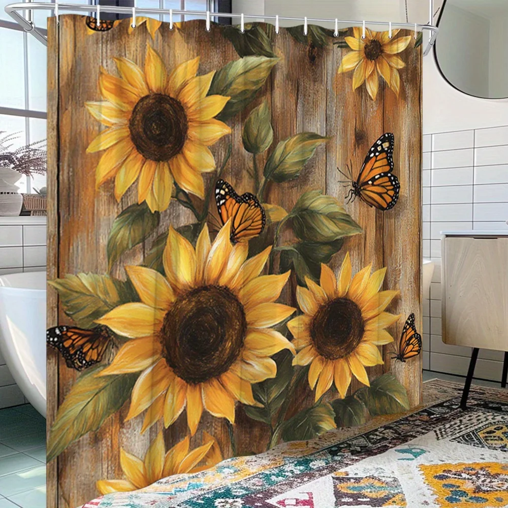 

Sunflower and Butterfly Shower Curtain Waterproof Moisture Proof Privacy Protection 3D Print Rustic Wood Design Autumn Farmhouse