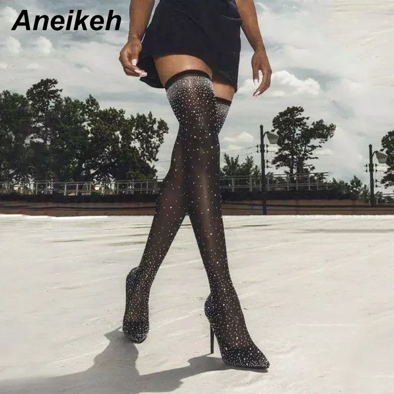 Aneikeh Sexy Stockings Crystal Rhinestone Stretch Fabric High Heels Over the Knee Boots Pointed Toe Pole Dancing Women Shoes