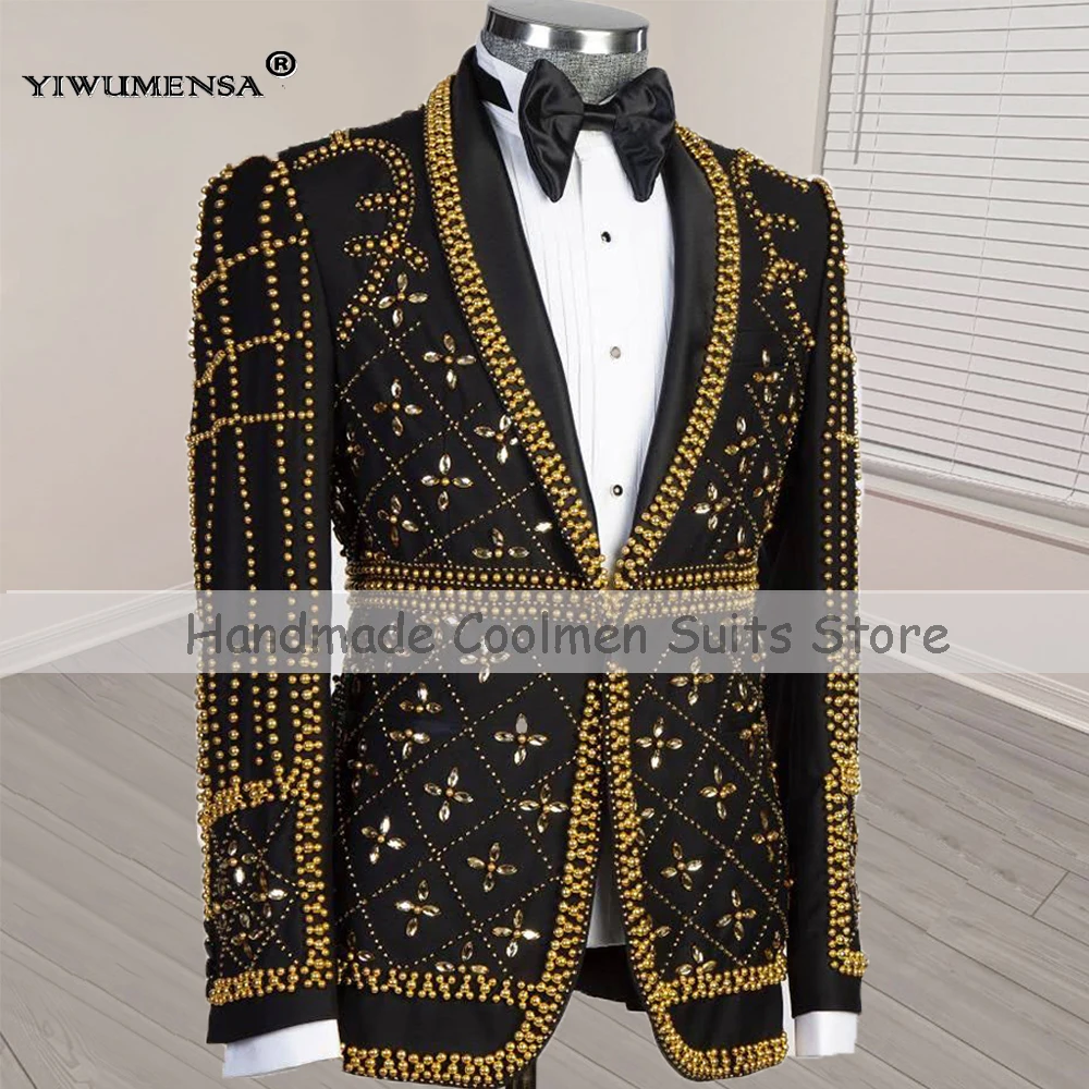 

Изысканные костюмы с золотым жемчугом и камнями, мужские облегающие однобортные платья, смокинги для торжественных случаев, вечеринки, свадьбы, жениха по индивидуальному заказу
