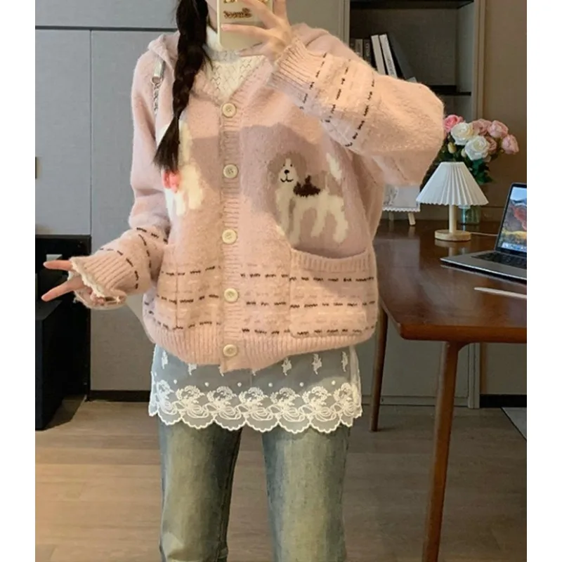 

Модный милый милый кардиган с капюшоном, свитер, куртка, женская одежда, осенне-зимняя новая студенческая свободная короткая вязаная куртка