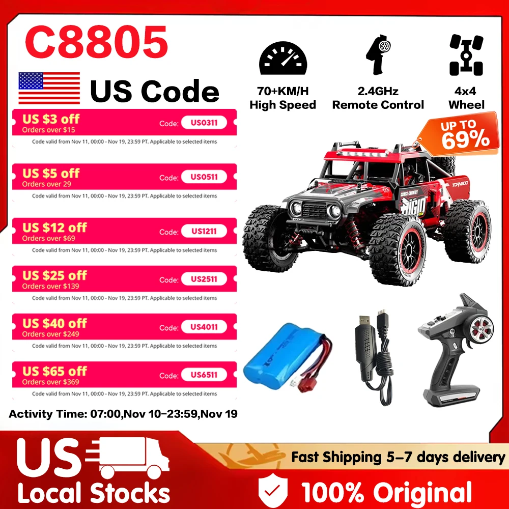 

C8805 1:16 High Speed 2.4G Racing Drift Car - 70 KPH 4 Wheel Drive Red Off Road Remote Control Car Truck Toys Gifts Boys Adults