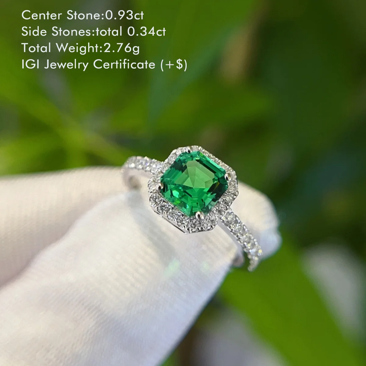 Cushion Lab Grown Emerald Ring Accented by Round Lab Diamond Ring 18K White Gold Halo Style Half Eternity Ring For Women Jewelry