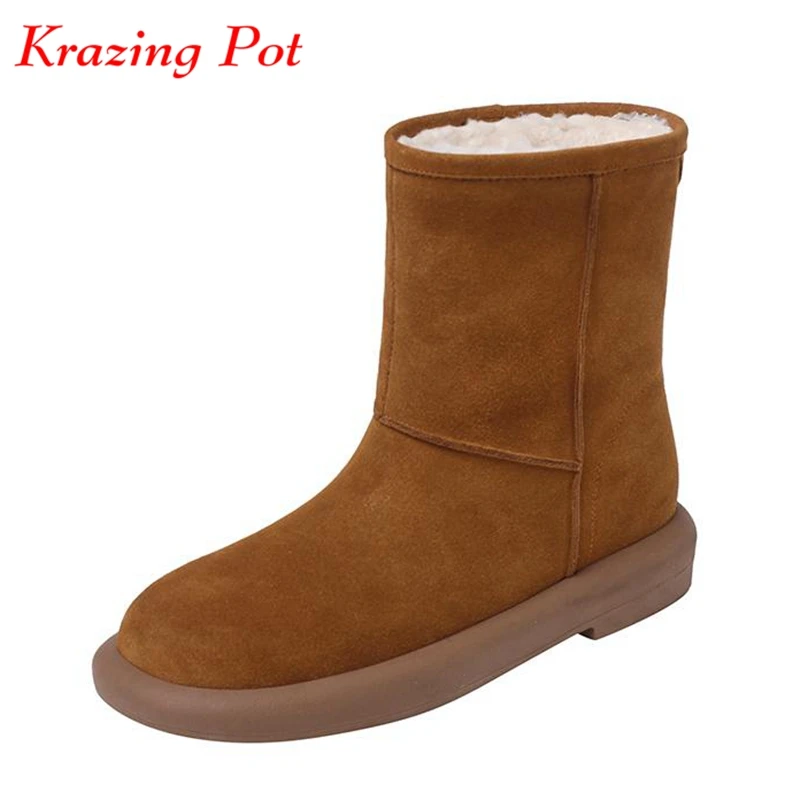 

Krazing Pot Cow Suede Wool Blend Fur Round Toe Winter Warm Casual Platform Snow Boots Thick Low Heels Cold-resistant Ankle Boots