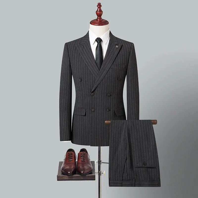 

Мужской костюм KIDWHXR, 2 предмета, в британском стиле, в полоску, двубортный, приталенный, с длинным рукавом, деловой повседневный комплект