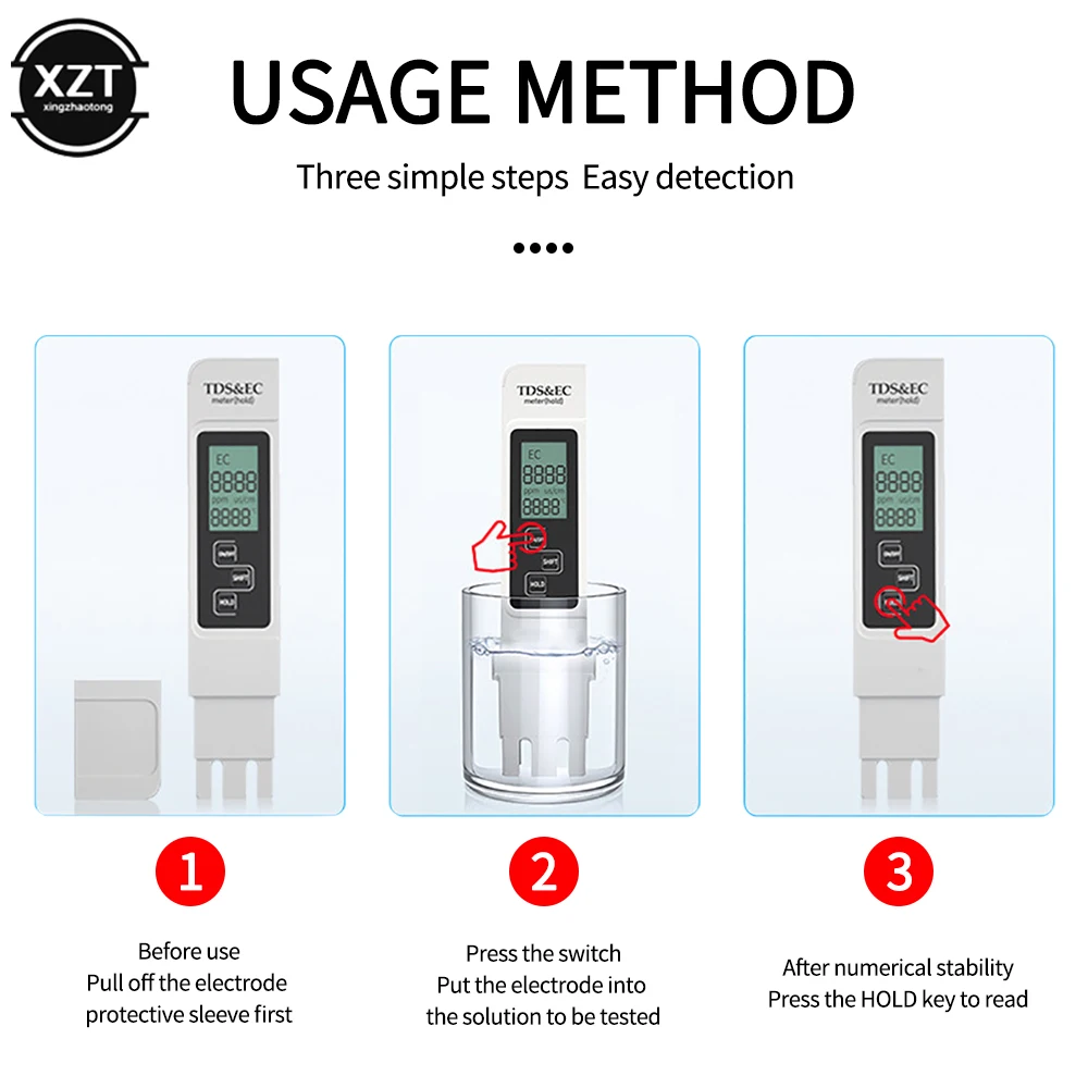 1PC White Digital Water Quality Tester TDS EC Meters Range 0-9990 Multifunctional Water Purity Temperature Meter TEMP PPM Tester