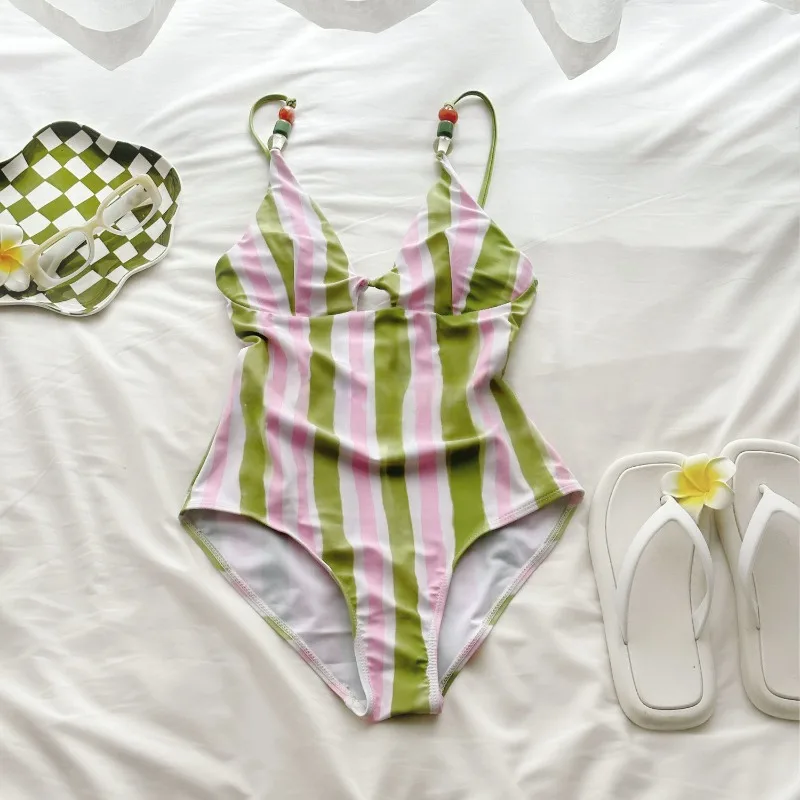 Y2K Striped One Piece Bikinis Swimsuit Women Korean Sexy Backless Kawaii Girls Beach Tummy Control Swimwear Retro Bathing Suit