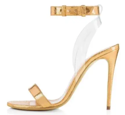

Elegant Women Gold Sliver Black Leather Transparent PVC One Line Ankle Buckle Strap Summer Sandals Lady Stiletto Heel Prom Shoes