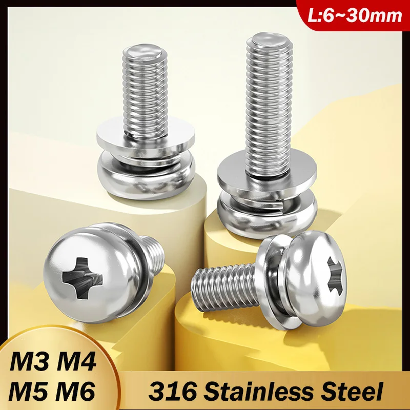 M3 M4 M5 M6 316 Stainless Steel Round Head Phillips Pan Head Screws with Flat Washers Spring Washers Assembly Bolts
