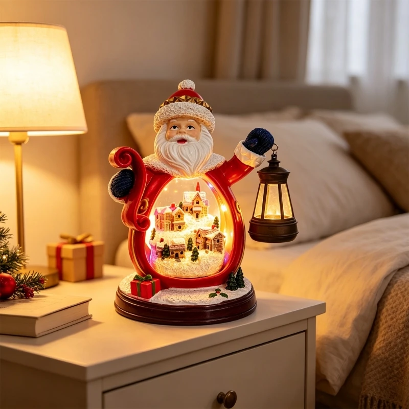 Resin Santa Lantern Figurine with Warm Light, Open-Front Christmas Decoration with Colorful LED Lighted Village Decoration KXRE