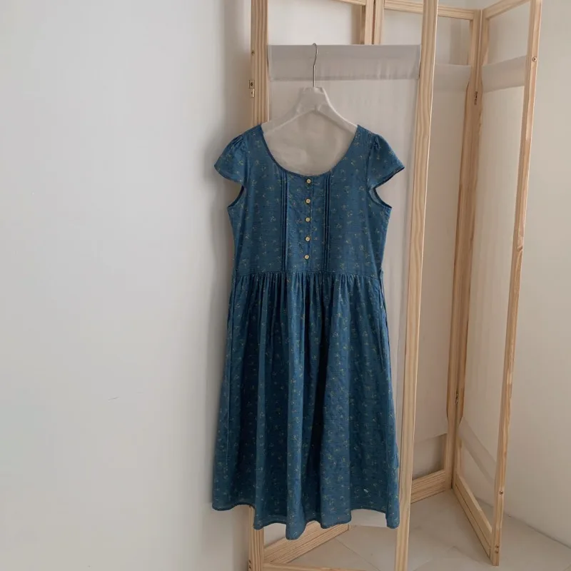 Sukienka koszulowa damska w stylu vintage z długim kwiatowym wzorem, wykonana w 100% z czystej bawełny, letnia sukienka midi z kwadratowym dekoltem i szarfą, odzież damska 2025