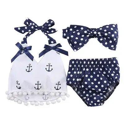 Citgeett Summer 3Pcs Infant Baby Girls Clothes Anchor Tops Polka Dot Briefs Head Band Outfits Set Sunsuit 0-24M