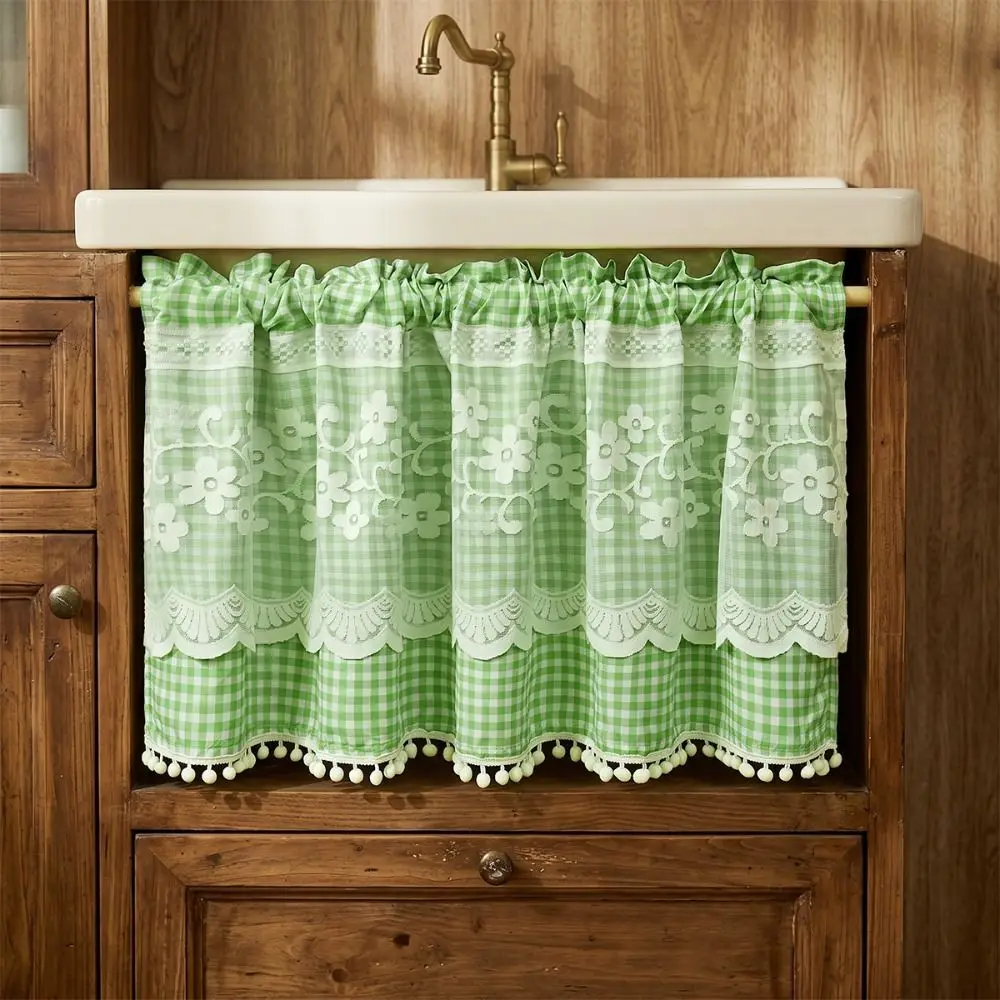 Decorative Lace Trim Oven Skirt Curtain Gingham Pattern Vintage Dishwasher Cover Rustic Farmhouse Oven Skirt Home Decor