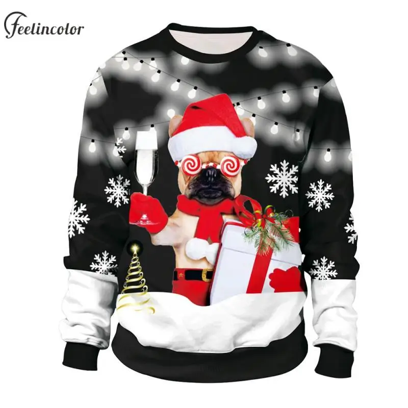 

Dog Wear Santa Hat Ugly Christmas Graphic Sweatshirt Elk Printed Pullover Autumn Winter Warm Couple Tops Unisex Clothing