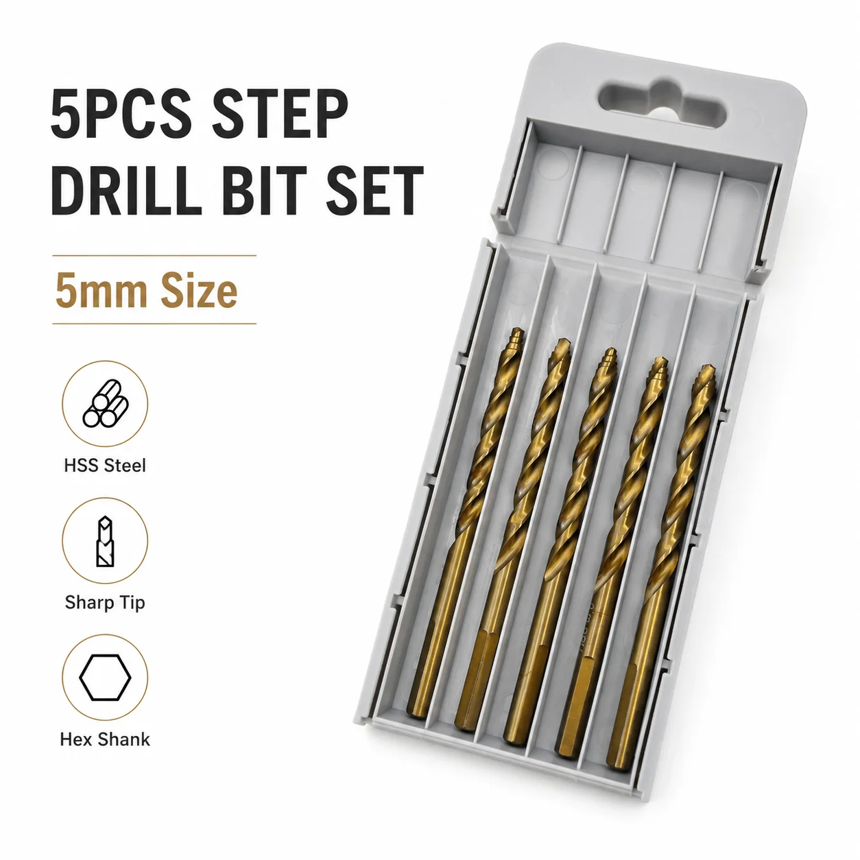 5Pcs Titanium Coated HSS Twist Drill Bit Set 5mm, Sharp Screw‑Point Tip for Wood Metal Acrylic Plastic DIY Drilling Power Tools