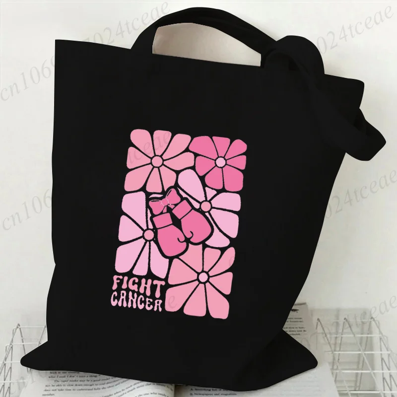 Pink Abstract Flowers Coquette Bow Awareness Ribbon Handbag Reusable Shopping Bags Boho Floral Breast Cancer Canvas Tote Bags